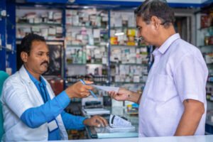 customer-asking-medicine-to-pharmacist-by-showing-doctor-proscription-at-pharma-retail-store